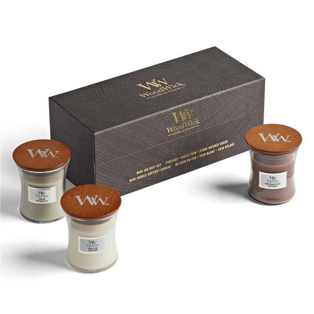 WoodWick Duftkerze Mini Jar Woody Geschenkset, braun/weiß, Glas, Ø 7 cm, H 8 cm, 3er-Set