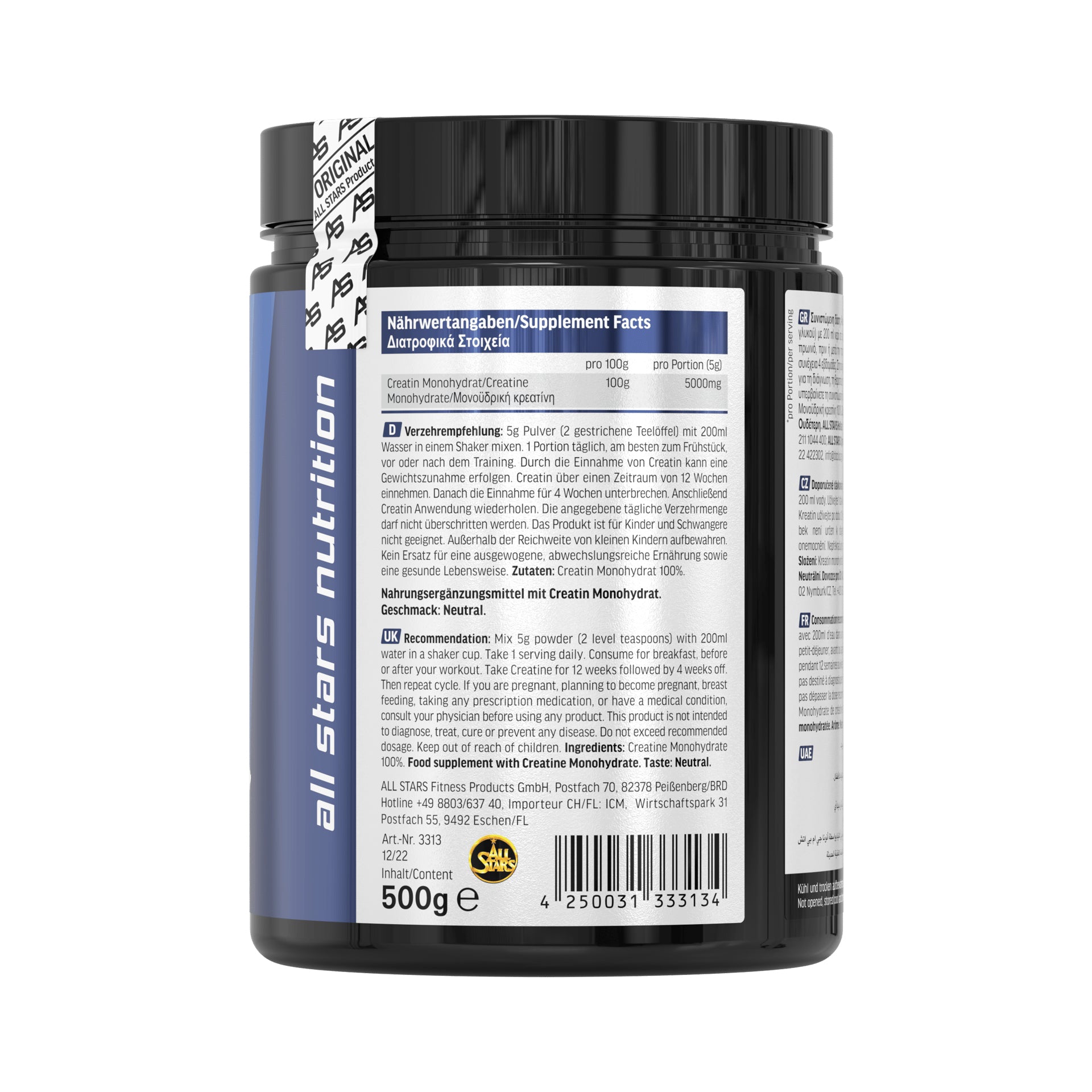 ALL STARS Fitness Products All Stars Kreatinmonohydrat-Pulver Neutral – glutenfrei, laktosefrei – 500 g