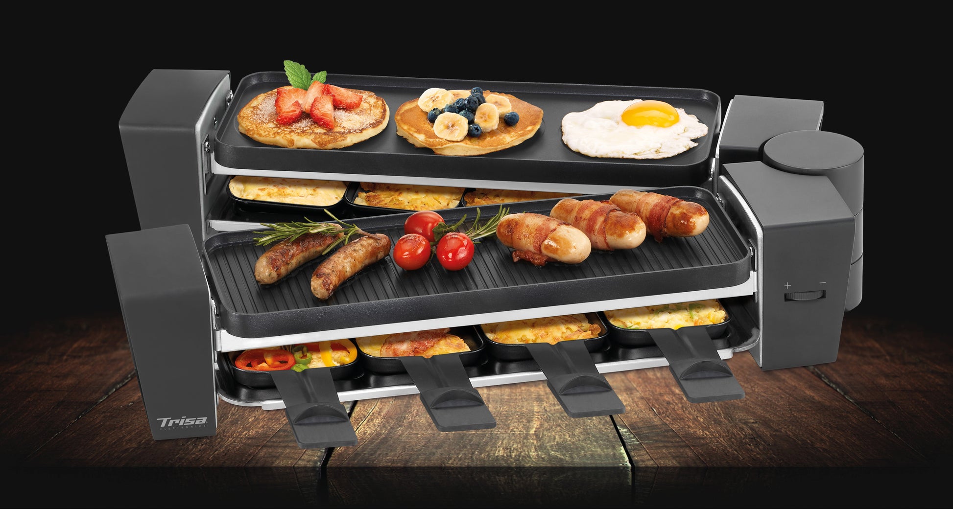Trisa Raclette & Brunch – 8 Personen, 1200 W, Teflonbeschichtet, 8 Pfännchen – schwarz