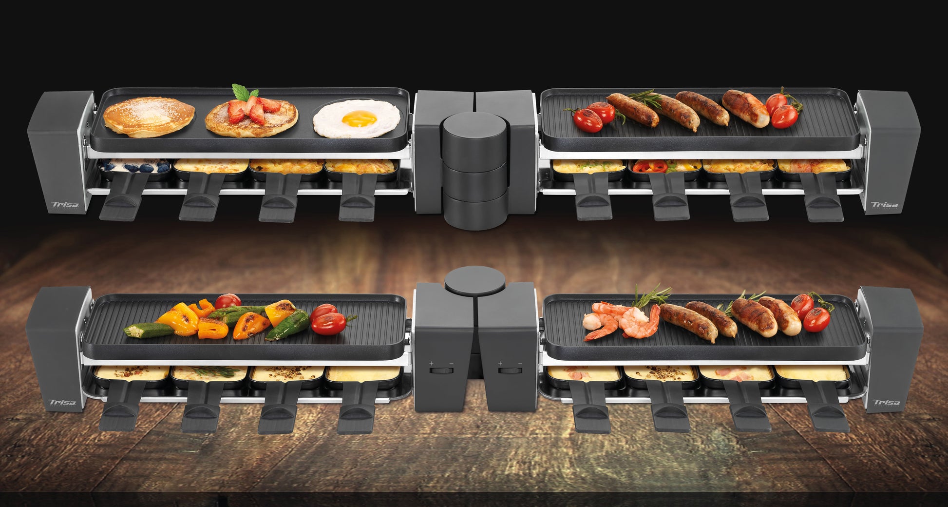 Trisa Raclette & Brunch – 8 Personen, 1200 W, Teflonbeschichtet, 8 Pfännchen – schwarz