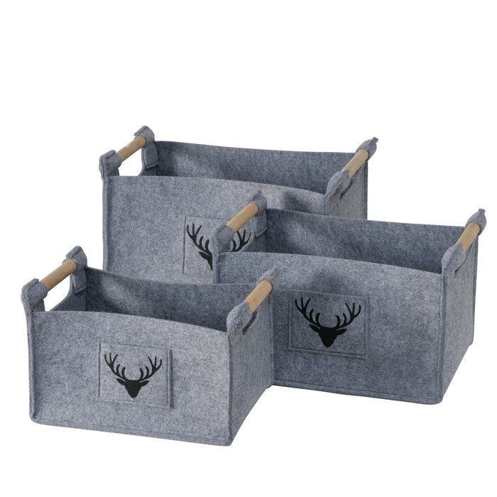 Boltze Karly Aufbewahrungsbox – Filz/Holz – Grau – 430 × 320 × 350 mm – 3-teiliges Set