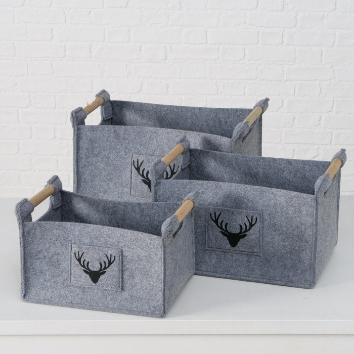 Boltze Karly Aufbewahrungsbox – Filz/Holz – Grau – 430 × 320 × 350 mm – 3-teiliges Set