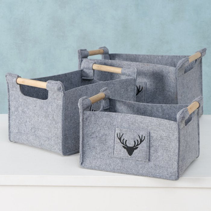 Boltze Karly Aufbewahrungsbox – Filz/Holz – Grau – 430 × 320 × 350 mm – 3-teiliges Set