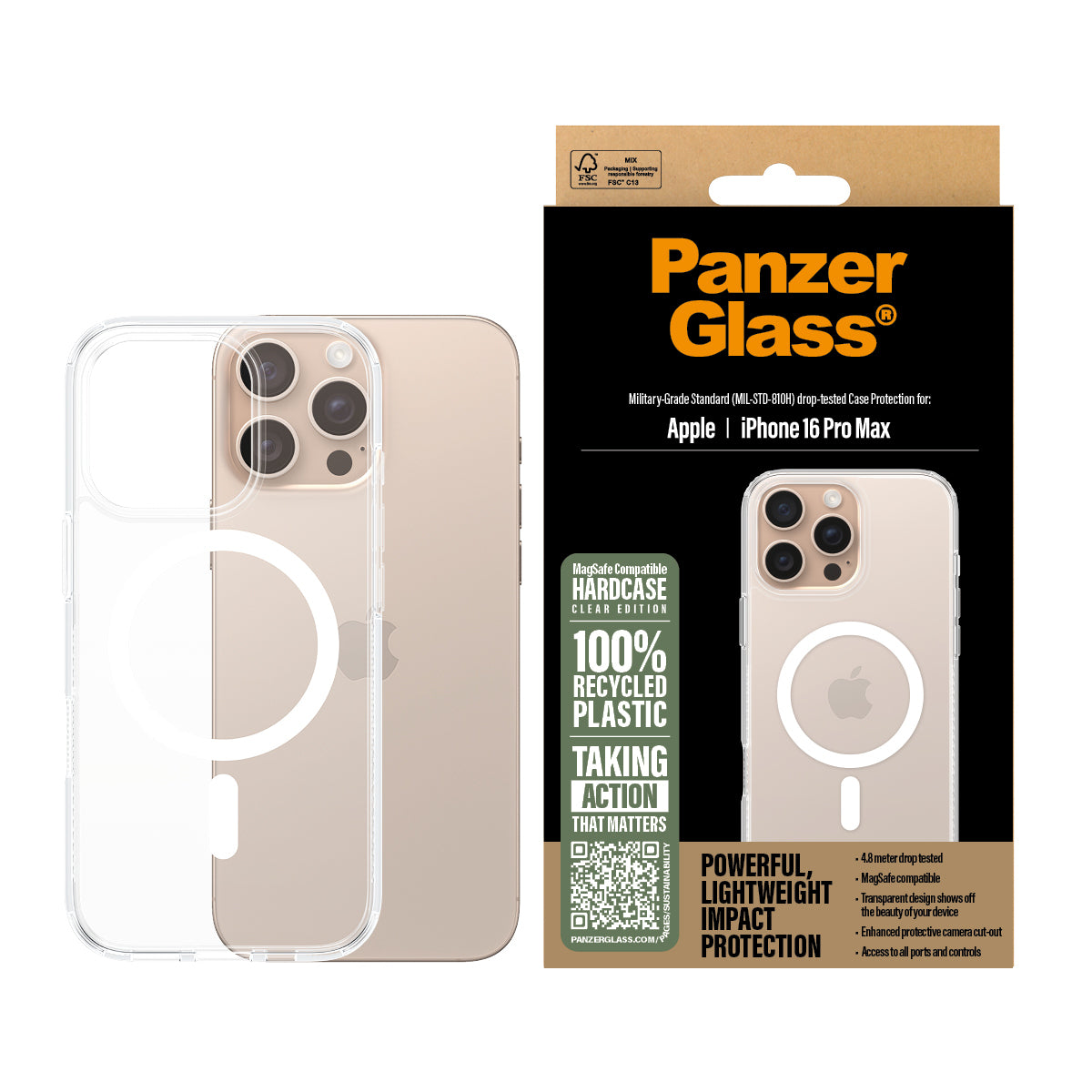 PanzerGlass HardCase – Backcover – für Apple iPhone 16 Pro Max, TPU, Transparent, bis 4,8 m sturzsicher