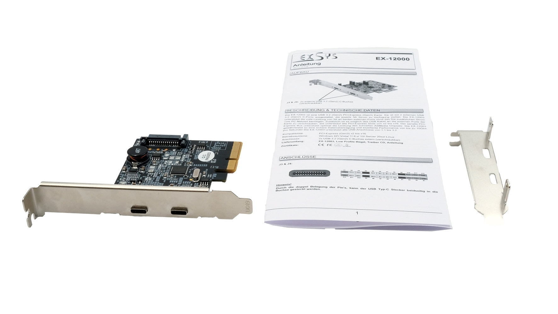 EXSYS EX-12000 PCIe USB-C Karte – 2× USB 3.2 Gen 2 (10 Gbit/s), PCIe Gen3x4, ASMedia ASM3142 – Low Profile