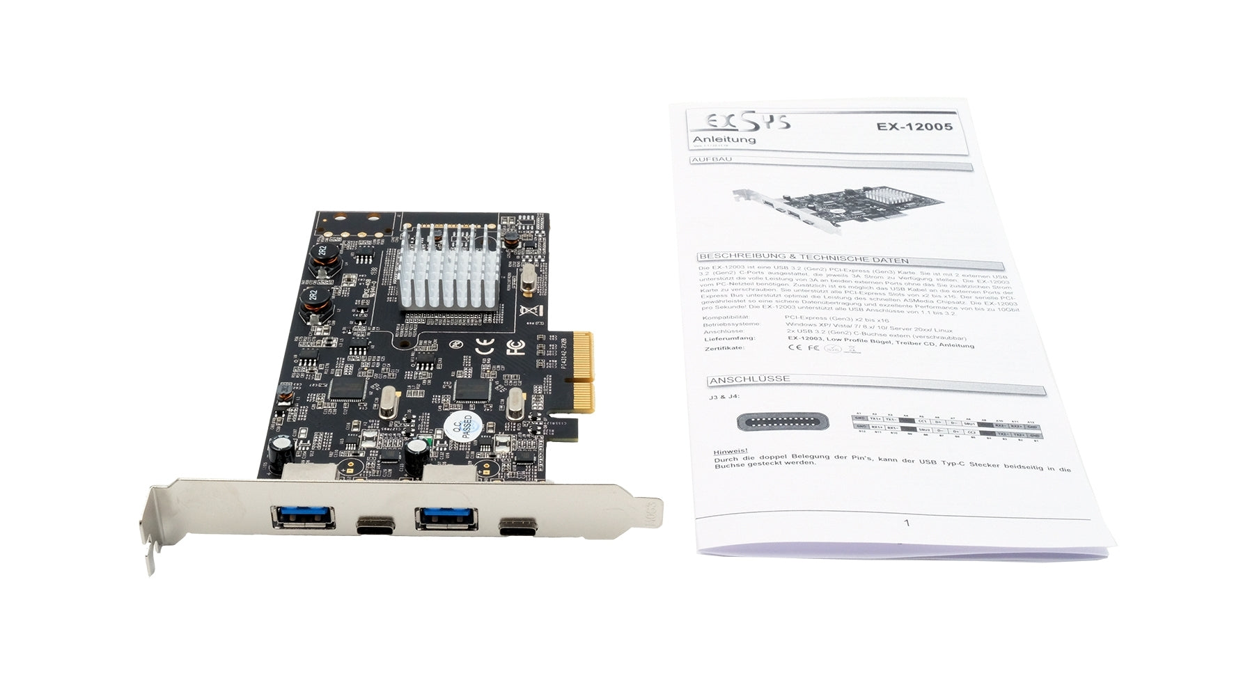 EXSYS EX-12005 PCIe USB 3.2 Gen2 Karte – 2× USB‑A, 2× USB‑C (10 Gbit/s), PCIe Gen3 x4, ASM3142