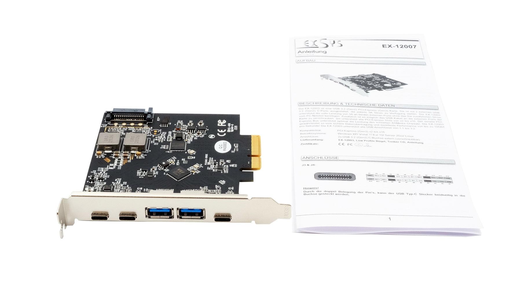 EXSYS PCIe USB-Adapterkarte – 2x USB-A Buchsen, 3x USB-C Buchsen – USB 3.2 Gen 2 (10 Gbit/s) – PCIe Gen3x4
