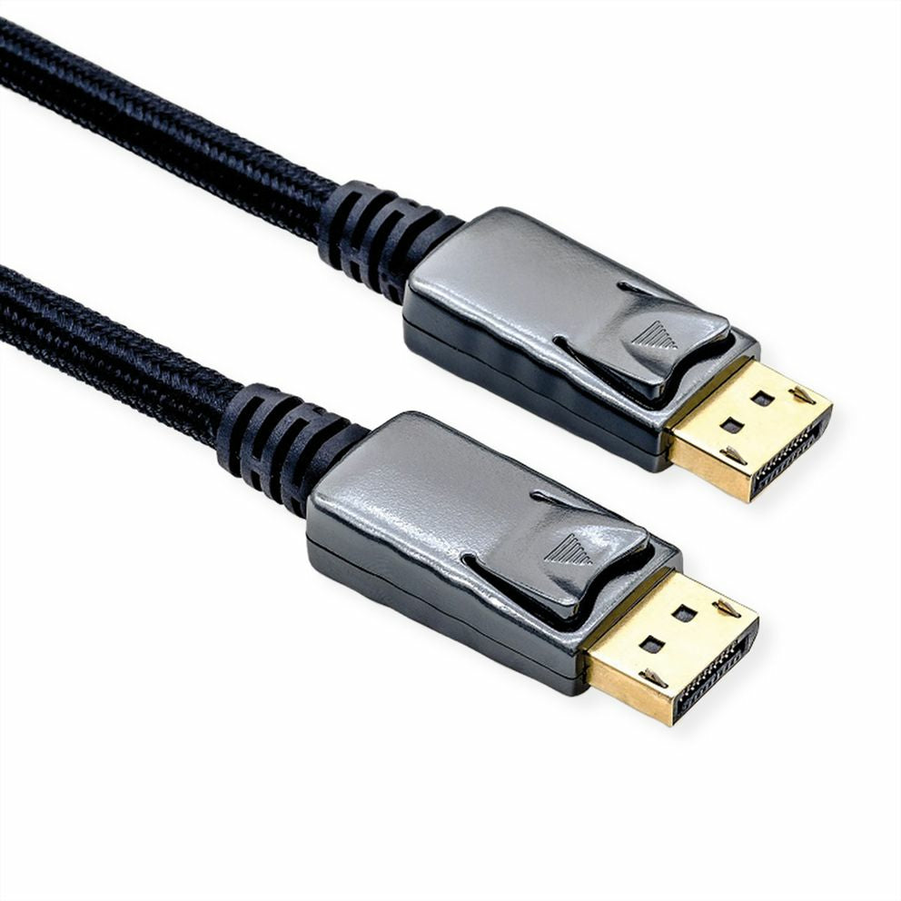 ROLINE DisplayPort Kabel DP 1.4 8K 60 Hz – 2 m – HDR, geflochten – Schwarz/Silber – für Monitor, PC, Notebook