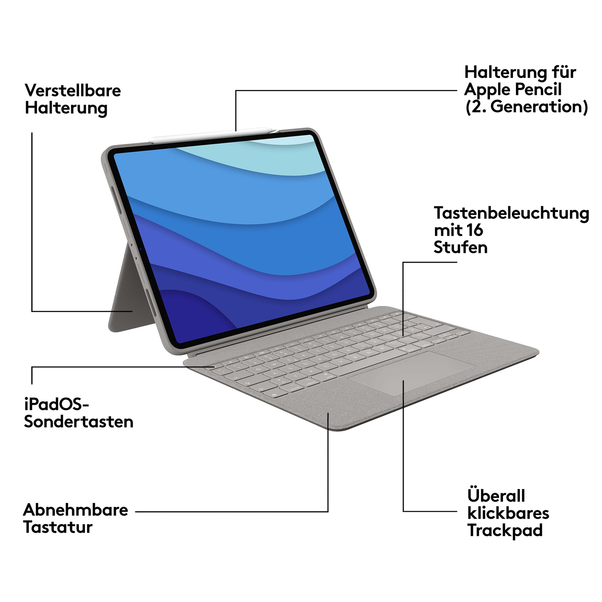 Logitech Combo Touch – Tastatur, UK-Layout (EN), Sand – für iPad Pro 12,9" (5. Gen.)