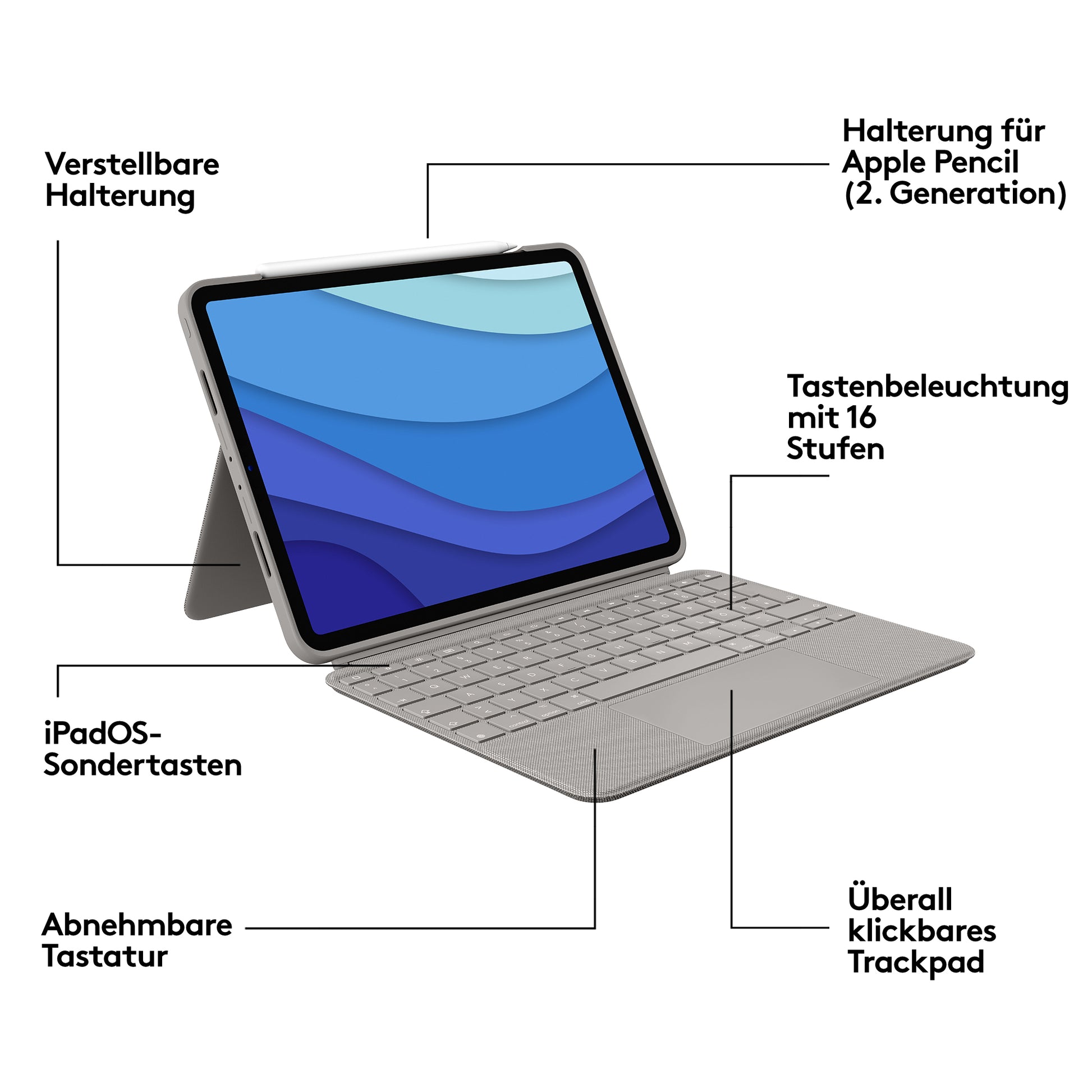 Logitech Combo Touch – Tastatur, US-Layout (EN), mit Touchpad, Sand – für iPad Pro 11" (1., 2. & 3. Gen.)