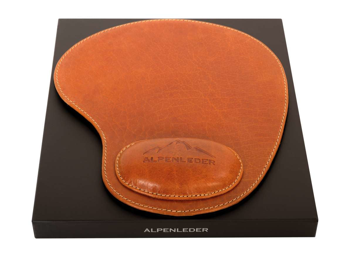 Alpenleder Mausmatte mit Handgelenkauflage – m – für Maus – Leder – 205×240×10 mm – Cognac