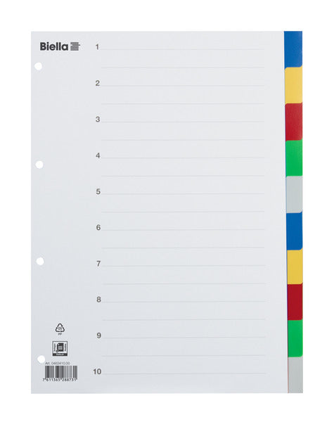 Biella Register – A4, 10-teilig, PP, farbig, unbedruckt, Indexblatt aus Karton, 4-fach gelocht
