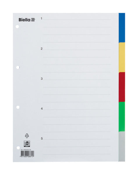 Biella Register – A4, 5-teilig, PP, farbig, unbedruckt, Indexblatt aus Karton, 4-fach-Lochung, für A4