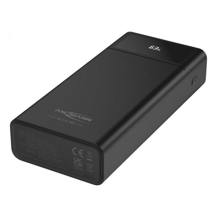 Ansmann Powerbank 24000 mAh, PD 22,5 W, 1× USB-C, 2× USB-A, mit LED-Display, für Smartphones, schwarz