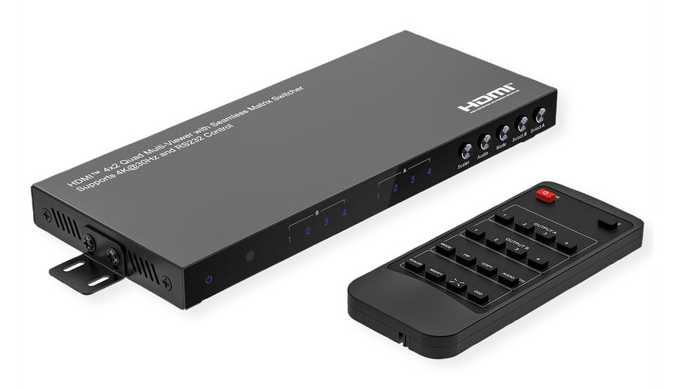 VALUE HDMI Matrix 4×2, 4K@30 Hz, Quad Multi-Viewer, HDCP 1.4, RS-232/IR, Toslink/Stereo, Schwarz