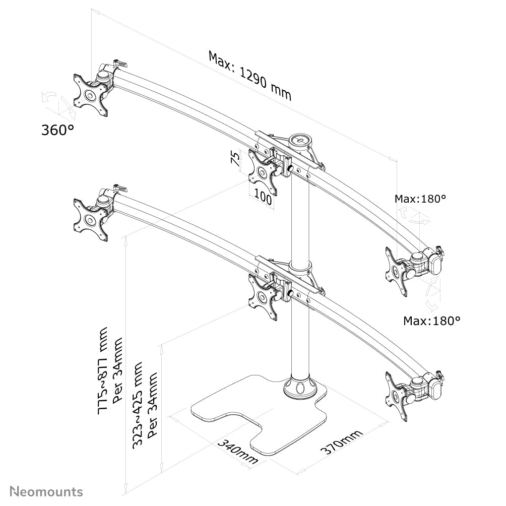 Neomounts Neig-/Dreh-/Schwenk-Monitor-Tisch – Tischhalterung, 6, Tischdurchführung, bis 27", Schwarz