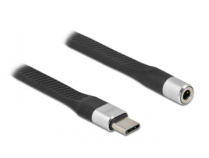 DeLOCK USB-C-auf-3,5-mm-Adapter – USB-C-Stecker zu 3,5-mm-Klinkenbuchse – 0,1 m, Flachbandkabel, Schwarz-Silber