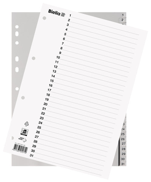 Biella Register A4 – nummeriert 1–31, 31 Taben, graues PP, mit Indexblatt