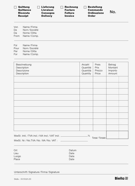 Biella Formularblock – mehrsprachig, 50 Blatt, A5