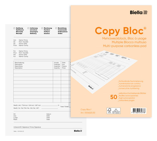 Biella Formularblock – mehrsprachig, 50 Blatt, A5