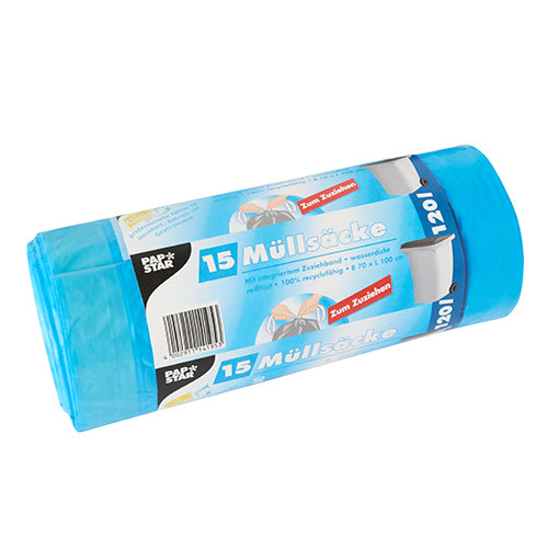Papstar Weita Kehrichtsack – 120 l, mit Zugband, LLDPE, blau, 700 × 1000 mm, 15 Stk