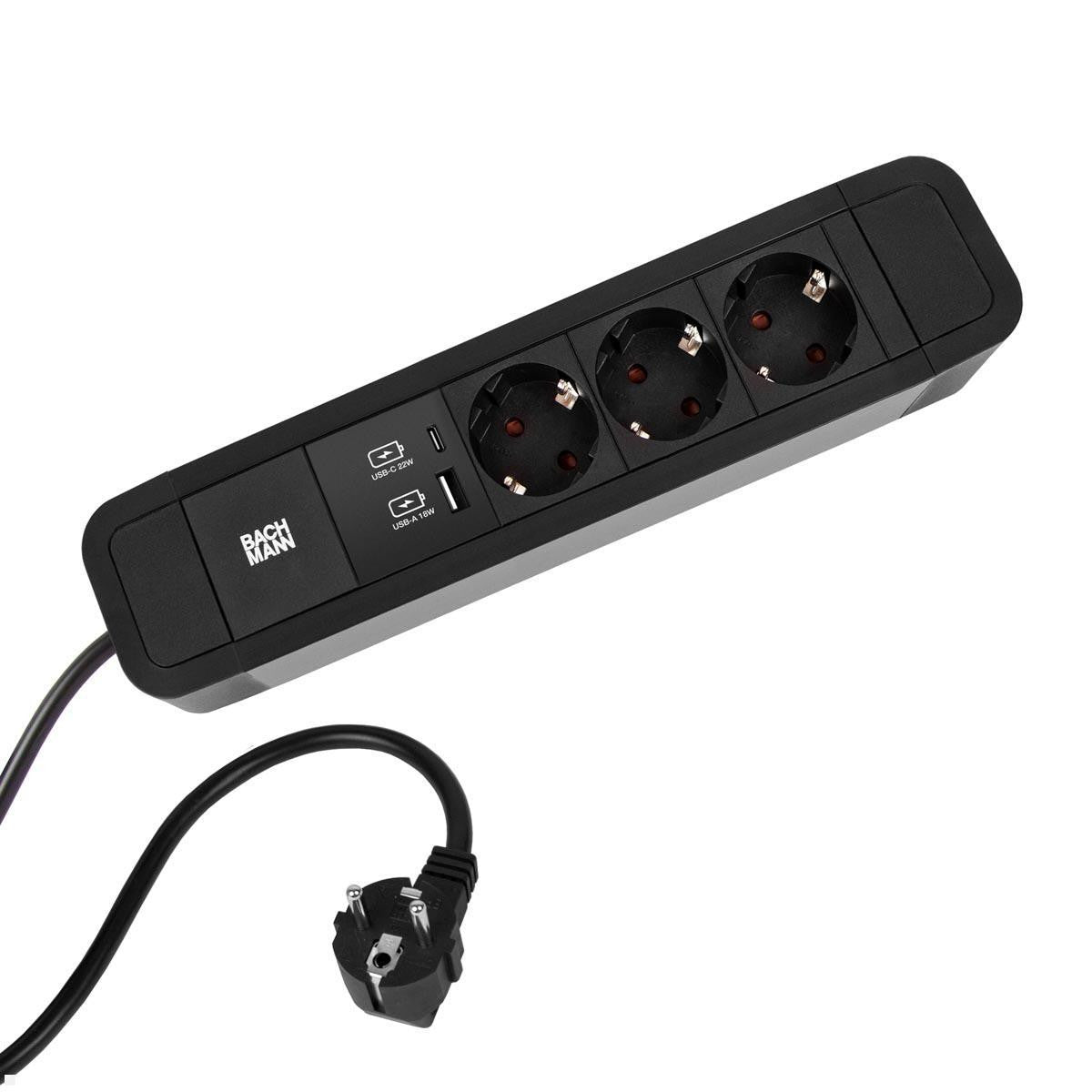 Bachmann PRIMO2 Steckdosenleiste – 3× Schuko (Typ E/F), USB‑A/C 22 W, 2 m, ohne Schalter, schwarz