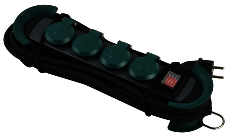 Bachmann Steckdosenleiste – 4× Typ E/F (Schuko), 4 m, mit Schalter, IP44, Aussen, Grün