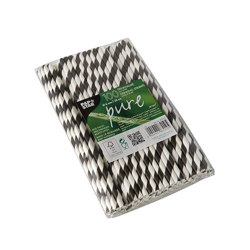 Papstar Papierstrohhalme, Ø 6 mm 20 cm, schwarz/weiss – 100 Stk.