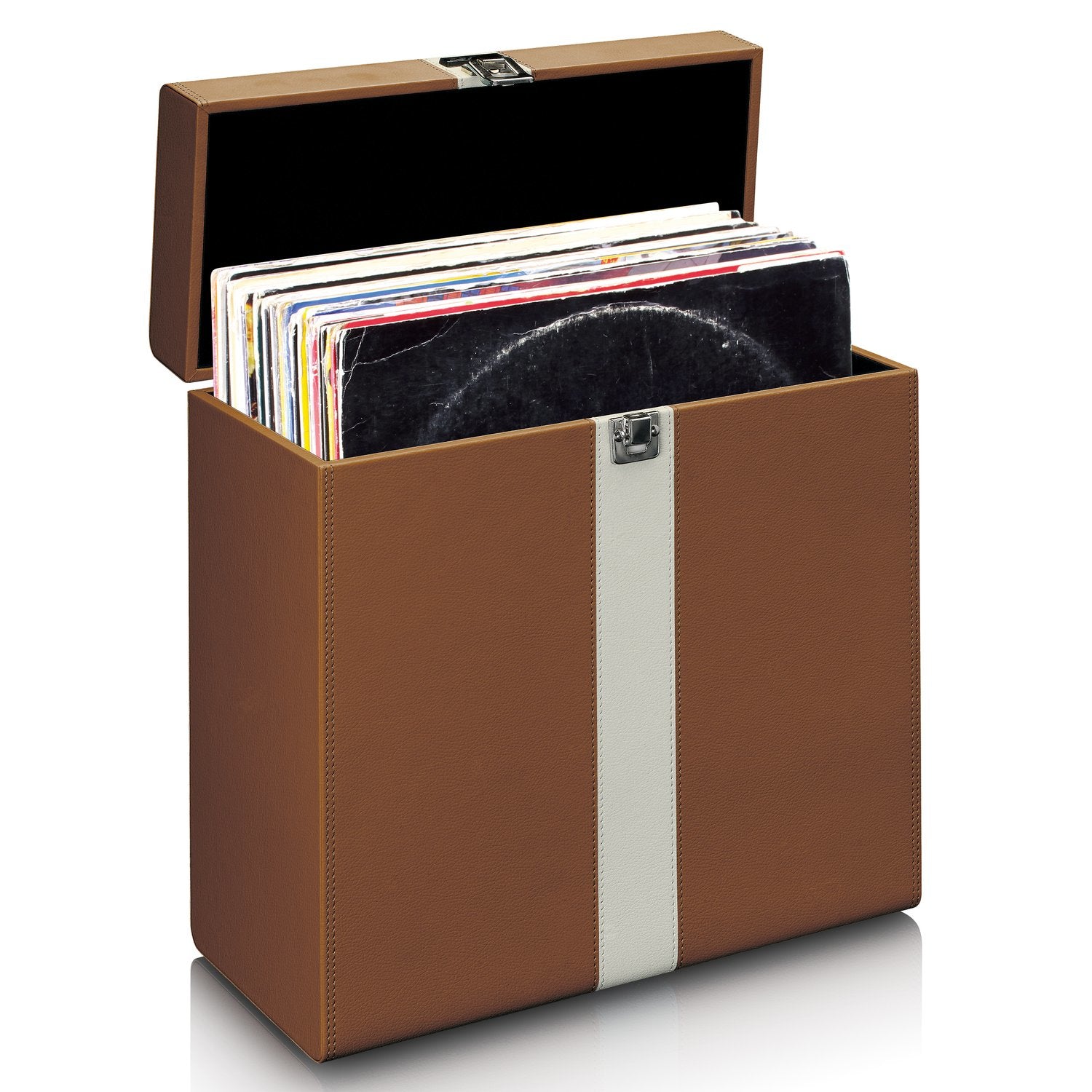 Lenco TTA-301 – Schallplattenkoffer – für bis zu 30 Schallplatten – Kunstleder, Samt Innen – Braun