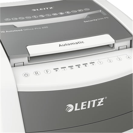 Leitz IQ AutoFeed – Aktenvernichter mit Autofeed 600 Blatt, DIN P-5, Mikroschnitt 2 × 15 mm, 110 l