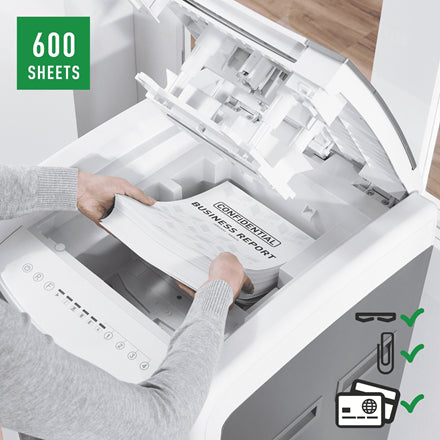 Leitz IQ AutoFeed – Aktenvernichter mit Autofeed 600 Blatt, DIN P-5, Mikroschnitt 2 × 15 mm, 110 l