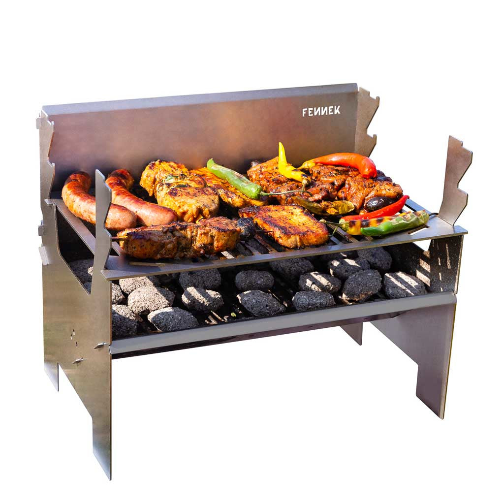 Fennek Grill 2.0 – Holzkohle, Grillfläche 37,6×24,3 cm, tragbar – Silber/Edelstahl
