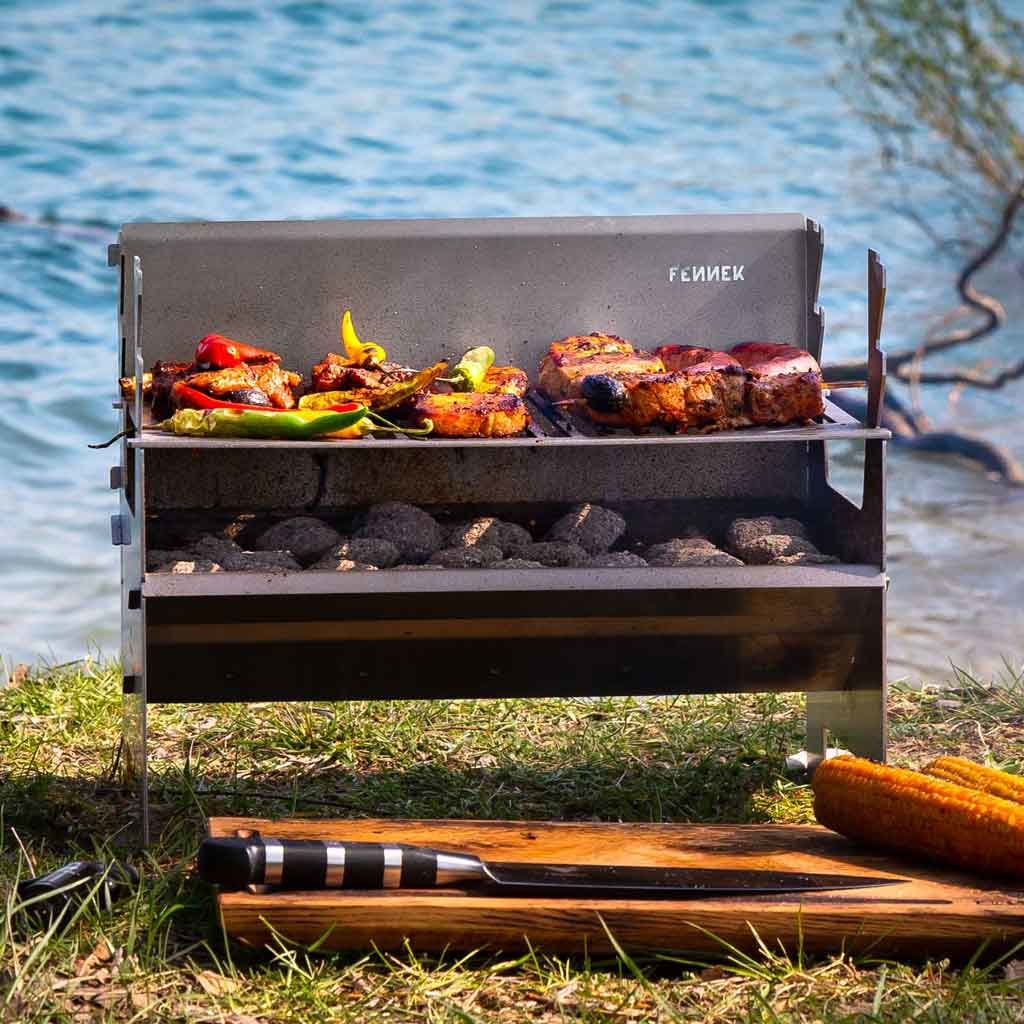 Fennek Grill 2.0 – Holzkohle, Grillfläche 37,6×24,3 cm, tragbar – Silber/Edelstahl