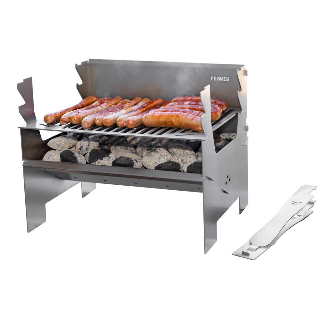 Fennek Grill 2.0 – Holzkohle, Grillfläche 37,6×24,3 cm, tragbar – Silber/Edelstahl