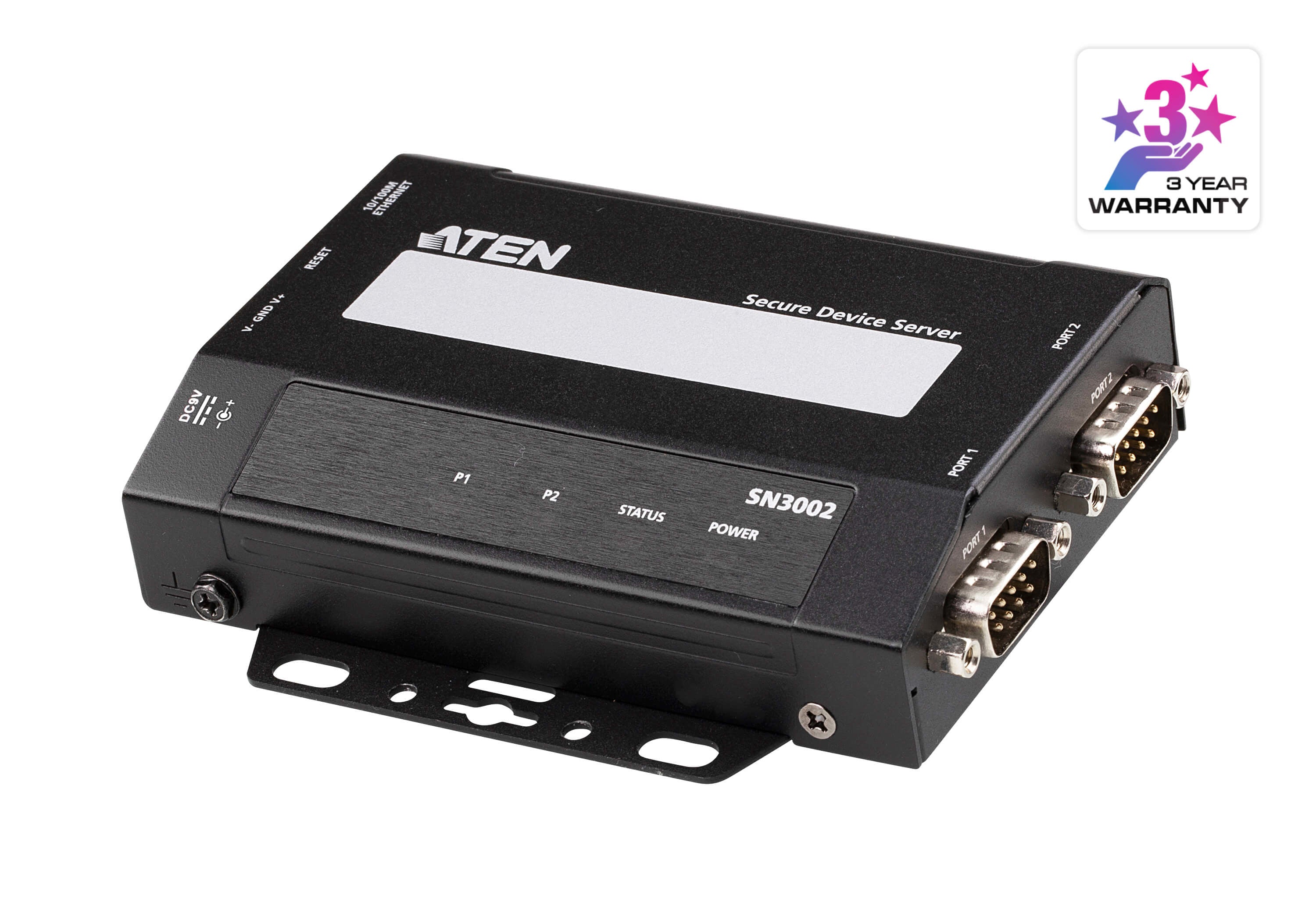 ATEN SN3002 – Ethernet Extender – 2×RS-232, 1×RJ45 10/100 Mbit/s, 9–48 V DC, Metall, Schwarz
