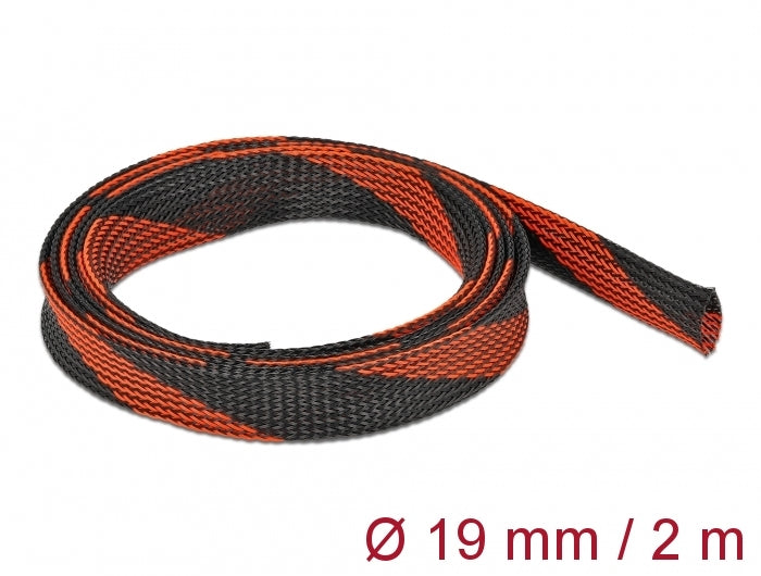 DeLOCK Kabelschlauch, Ø 19 mm × 2 m, elastisch, dehnbar, schneidbar – schwarz/rot