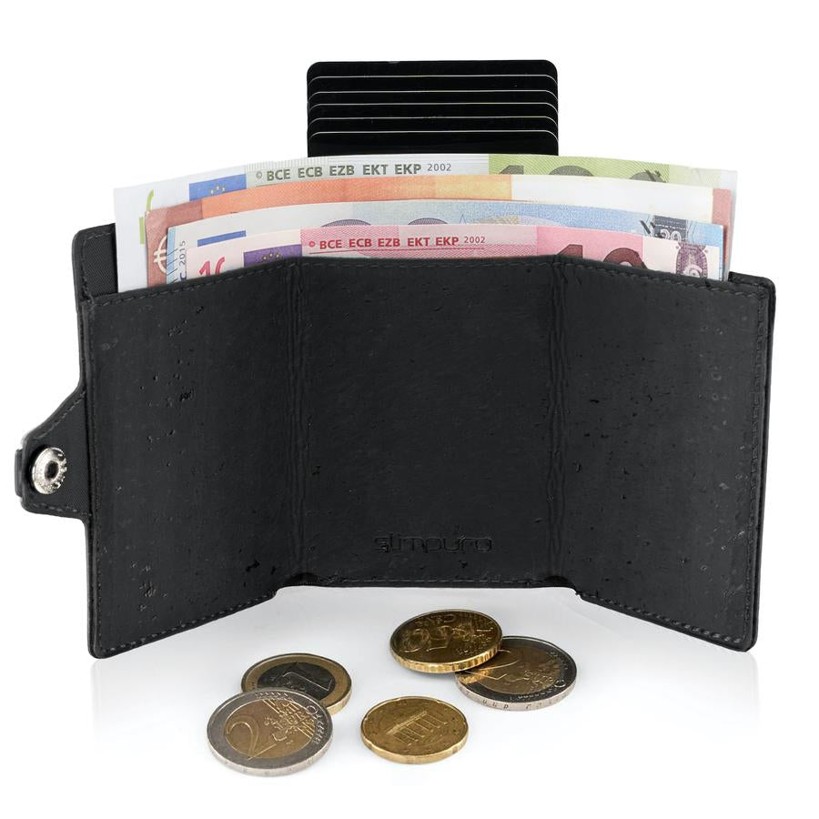 Slimpuro ZNAP Slim Wallet Kartenetui – RFID-Schutz, Münzfach – 8 Karten – Schwarz – Kork – 60 × 88 × 15 mm