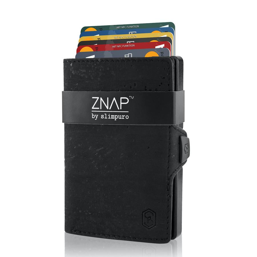 Slimpuro ZNAP Slim Wallet Kartenetui – RFID-Schutz, Münzfach – 8 Karten – Schwarz – Kork – 60 × 88 × 15 mm