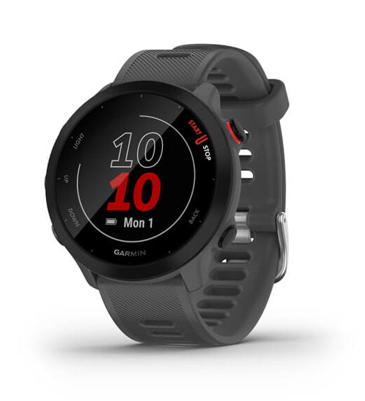 Garmin Forerunner 55 – GPS-Smartwatch – 42 mm, GPS, MIP, 5 ATM, Monterra Grau, Sportarmband