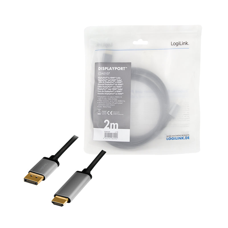 LogiLink DisplayPort auf HDMI Kabel DP 1.2 4K 60 Hz – 2 m – Schwarz/Grau