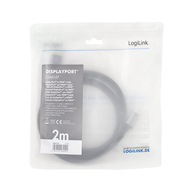 LogiLink DisplayPort auf HDMI Kabel DP 1.2 4K 60 Hz – 2 m – Schwarz/Grau