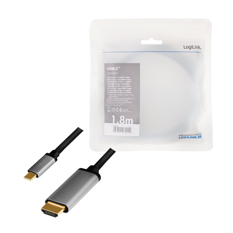 LogiLink USB-C auf HDMI Kabel HDMI 2.0 – 4K 60 Hz – 1,8 m – Schwarz/Grau – für Geräte mit USB-C (DP Alt Mode)