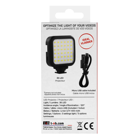 T'nB Influence LED-Licht – 6500 K, 120° – Li-Ion-Akku, micro-USB – für Kamera-/Smartphone-Halterung