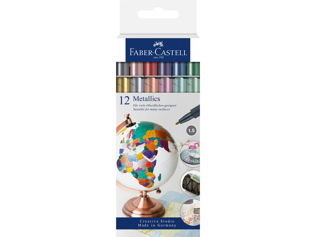 Faber-Castell Non-Permanent-Marker Metallic – Rundspitze 1,5 mm – sortiert – 12er-Set – für dunkles Papier