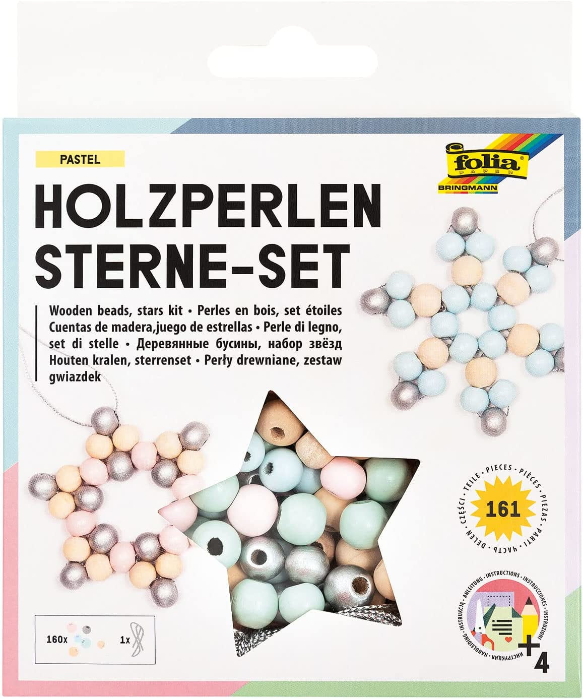 Folia Bastelset Holzperlen Sterne – 161 Holzperlen Ø 10/12 mm, 15 m Garn