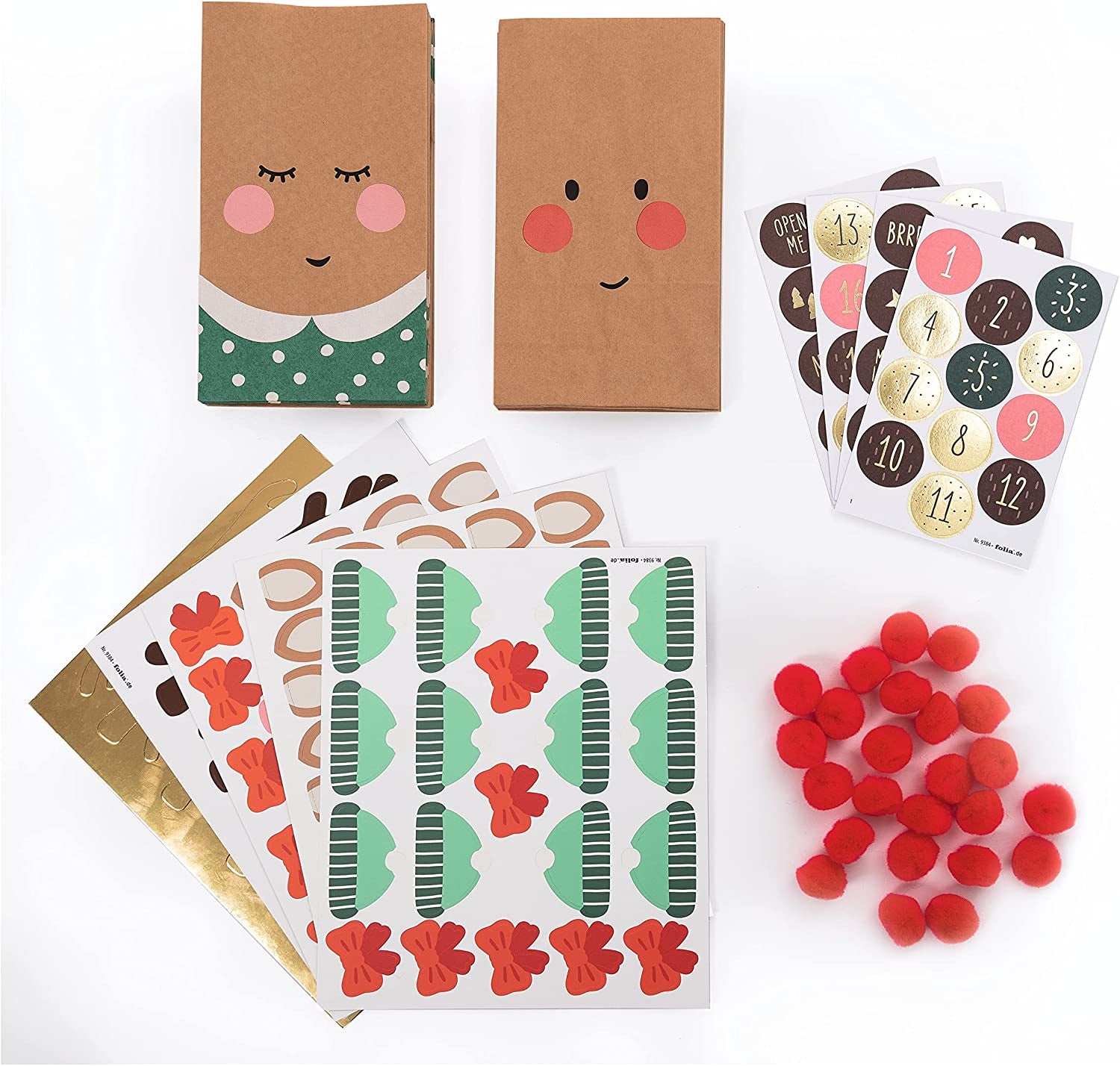 Folia Adventskalender-Set Rednose Rentier – 24 bedruckte Papiertüten – 220 × 240 × 20 mm
