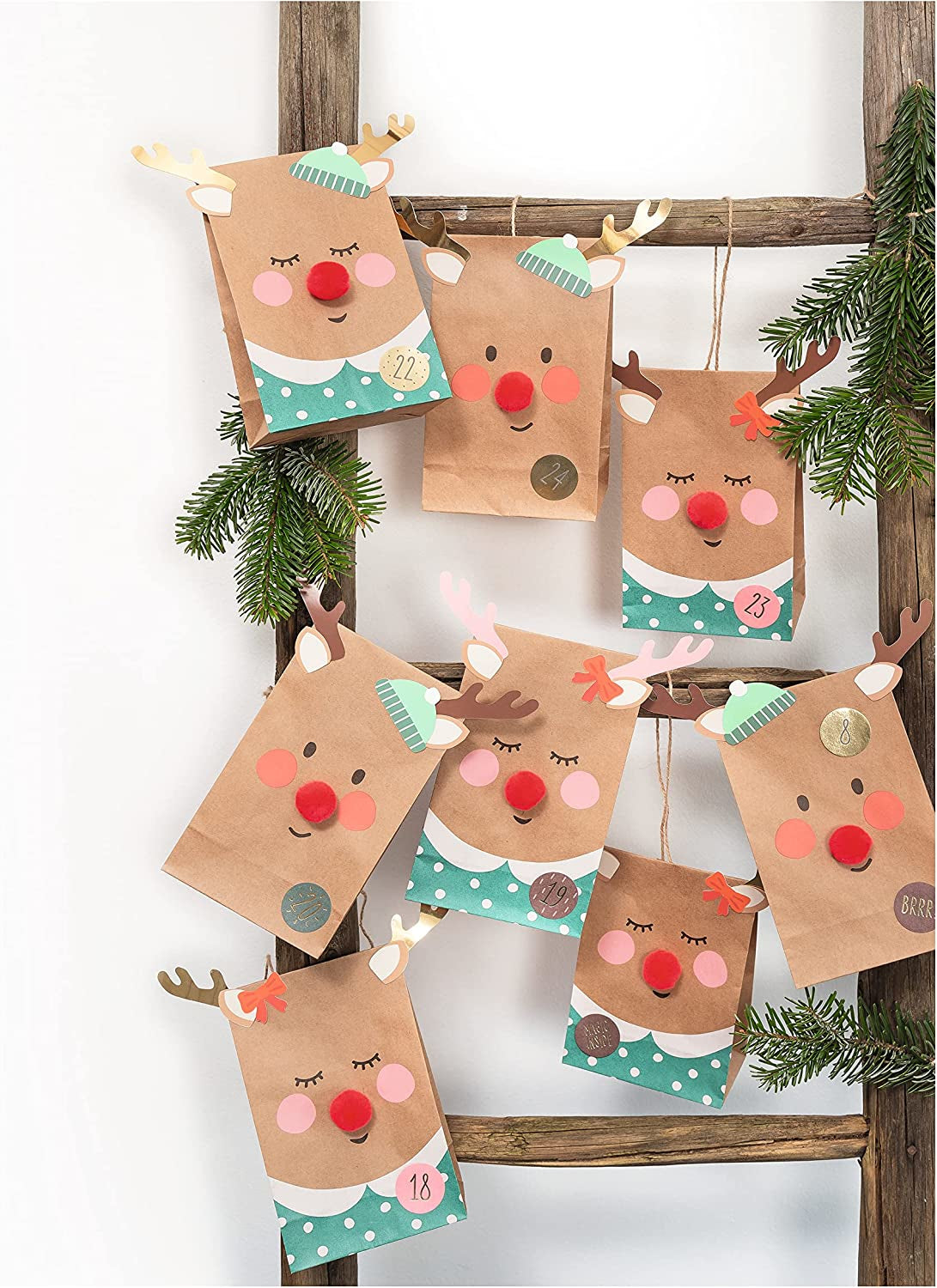 Folia Adventskalender-Set Rednose Rentier – 24 bedruckte Papiertüten – 220 × 240 × 20 mm
