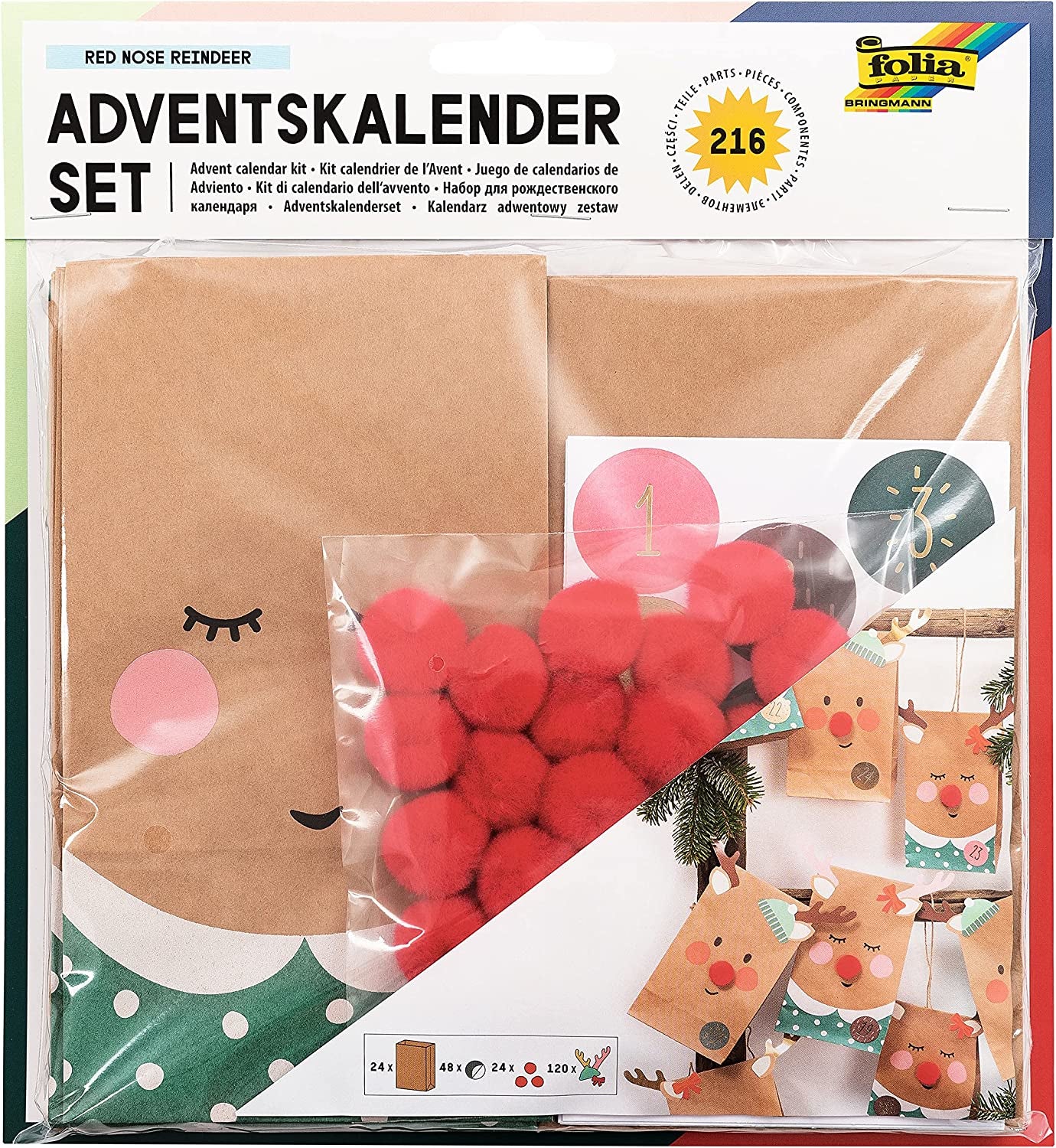 Folia Adventskalender-Set Rednose Rentier – 24 bedruckte Papiertüten – 220 × 240 × 20 mm