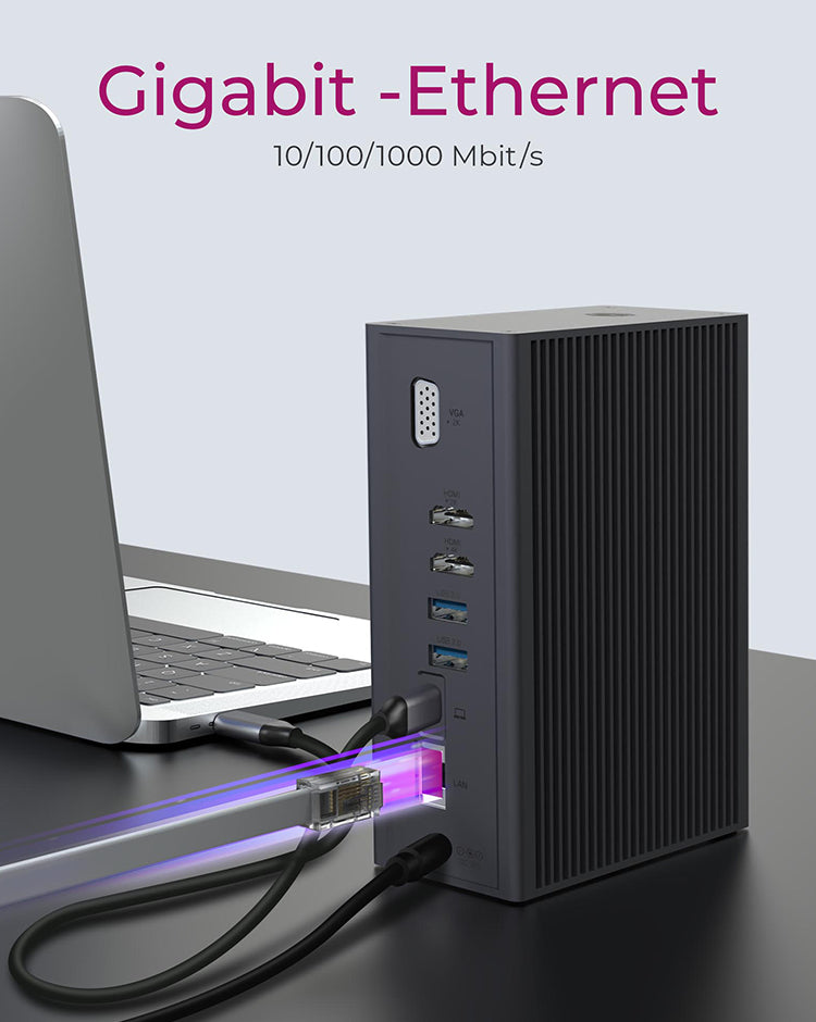 ICY BOX IB-DK2262 Dockingstation – USB-C, 1× HDMI, 1× VGA, 6× USB-A, 55 W PD, GbE, für Windows/Mac/ChromeOS