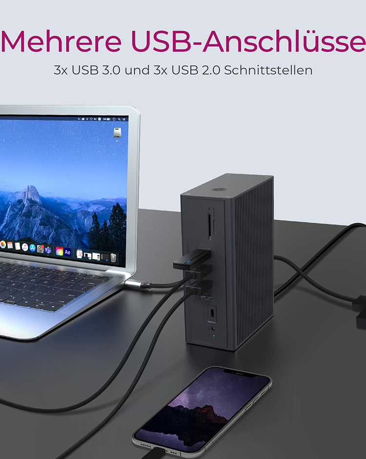 ICY BOX IB-DK2262 Dockingstation – USB-C, 1× HDMI, 1× VGA, 6× USB-A, 55 W PD, GbE, für Windows/Mac/ChromeOS